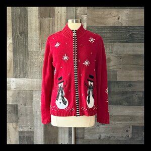 Ugly Christmas sweater medium red knitwear snowflake snowman holiday party